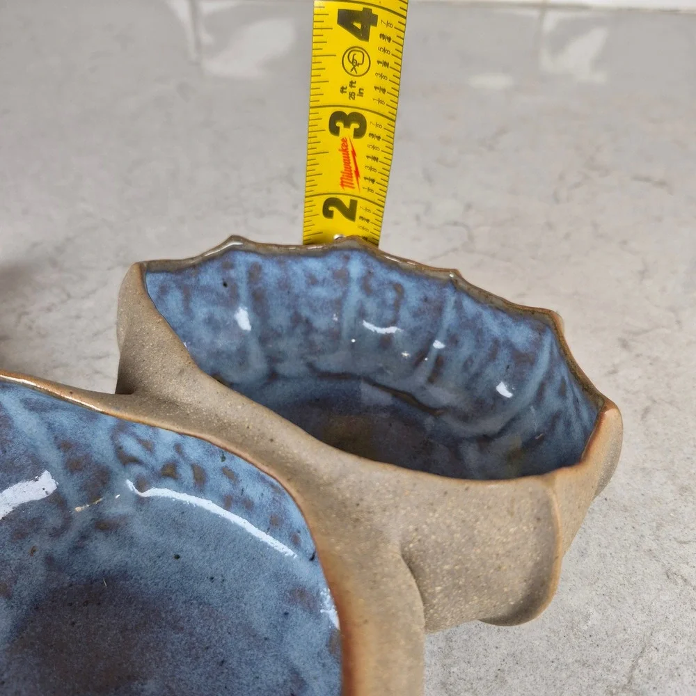 Barbara Walch Pinch Pottery Divided Stoneware Condiment Bowl Spoons Brown Blue